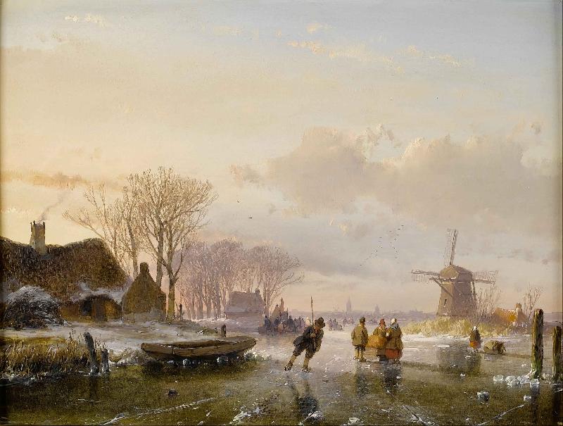 Andreas Schelfhout Skaters and figures on a frozen river France oil painting art